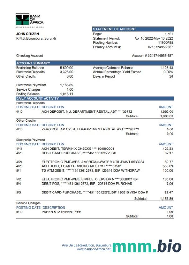 Burundi Bank Of Africa wyciąg bankowy szablon Worda i PDF